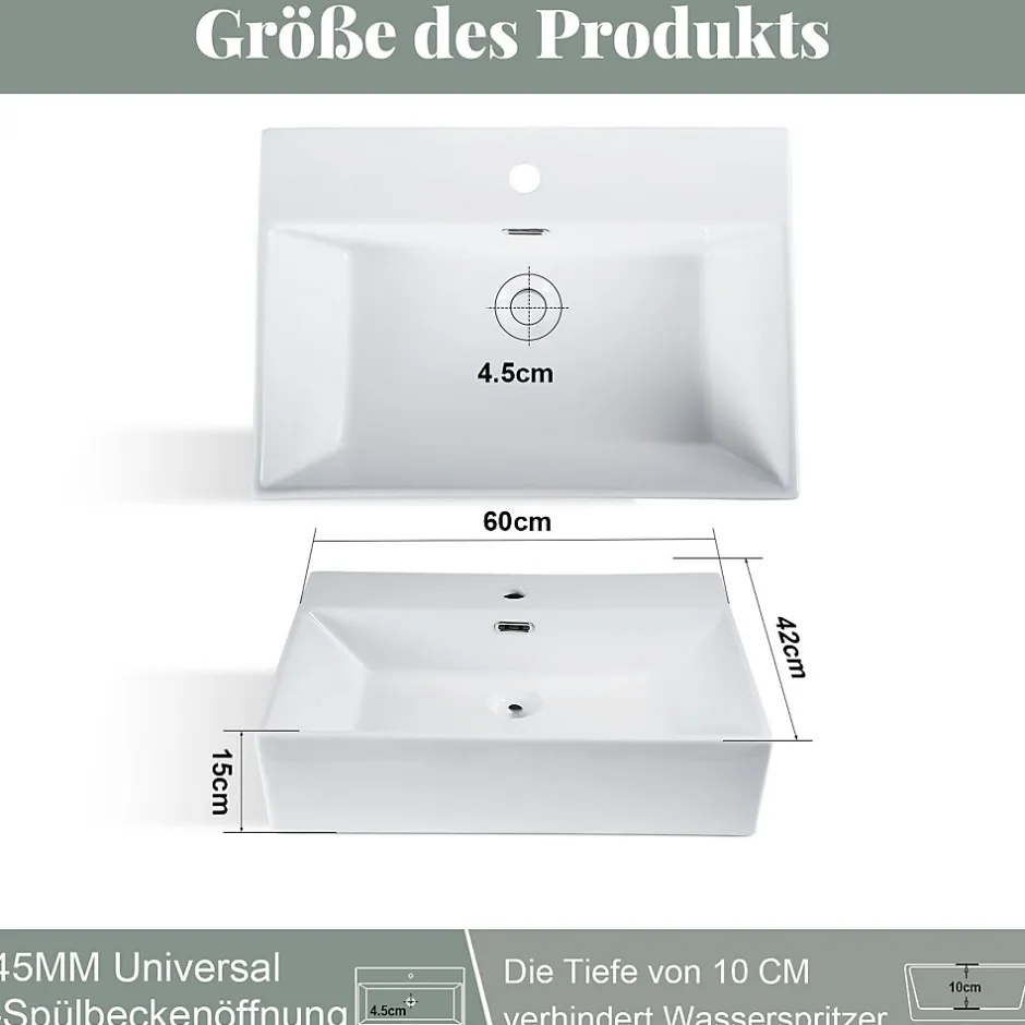 zmh Lavabo Carré En Céramique à Poser 60x42x15cm Blanc