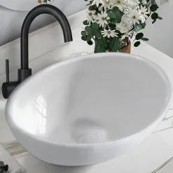zmh Lavabo Ovale Céramique à Poser, 41x33x14,5cm, Nano Effet Lotus, Blanc.* Plan Simple Vasque