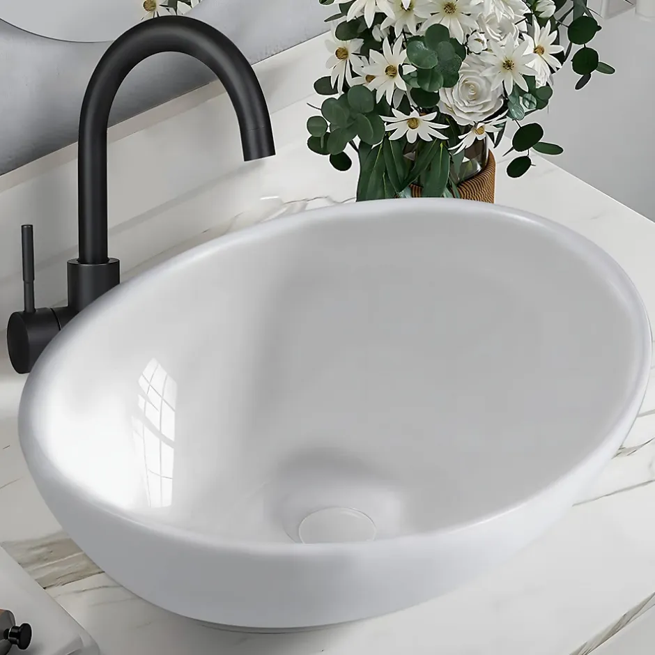 zmh Lavabo Ovale Céramique à Poser, 41x33x14,5cm, Nano Effet Lotus, Blanc.* Plan Simple Vasque