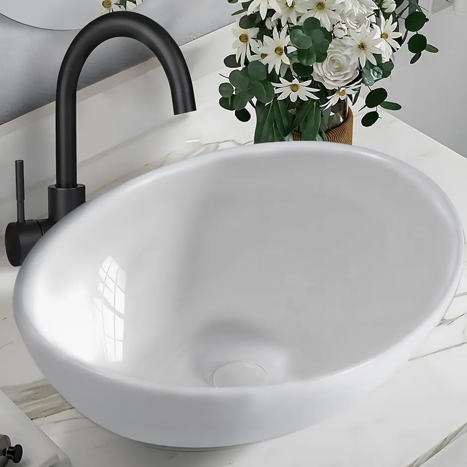zmh Lavabo Ovale Céramique à Poser, 41x33x14,5cm, Nano Effet Lotus, Blanc.* Plan Simple Vasque