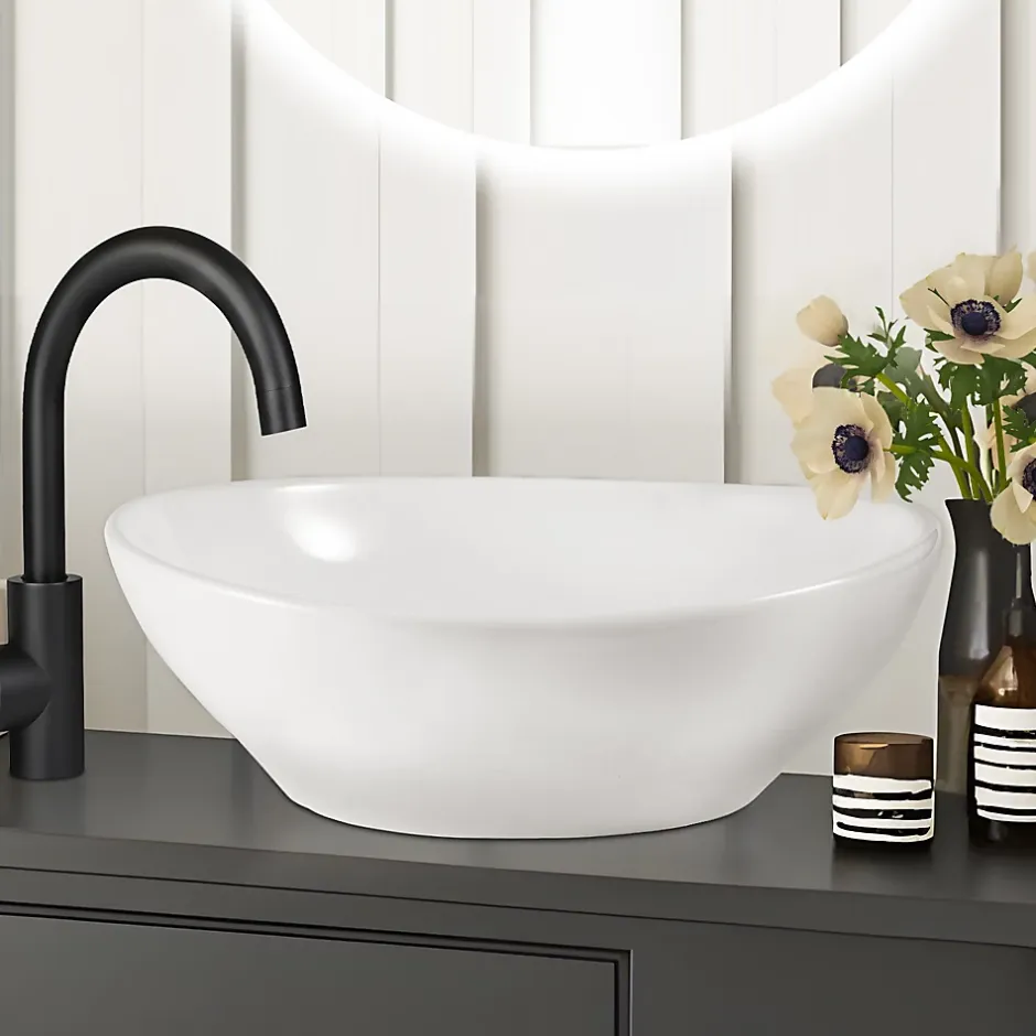 zmh Lavabo Ovale Céramique à Poser, 41x33x14,5cm, Nano Effet Lotus, Blanc.* Plan Simple Vasque