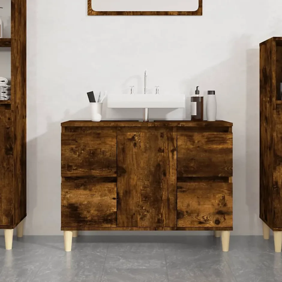 zmh Meuble d'évier chêne fumé 80x33x60 cm bois d'ingénierie* Meuble Wc
