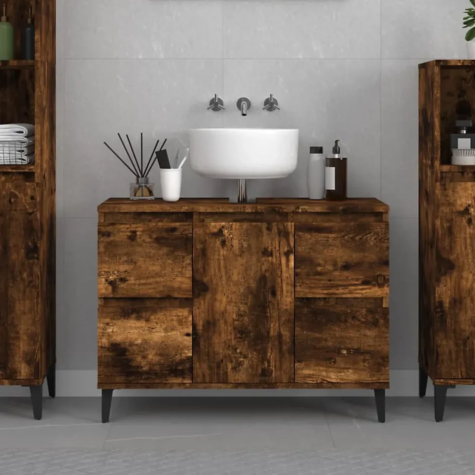 zmh Meuble d'évier chêne fumé 80x33x60 cm bois d'ingénierie* Meuble Wc