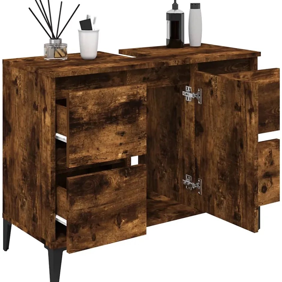 zmh Meuble d'évier chêne fumé 80x33x60 cm bois d'ingénierie* Meuble Wc